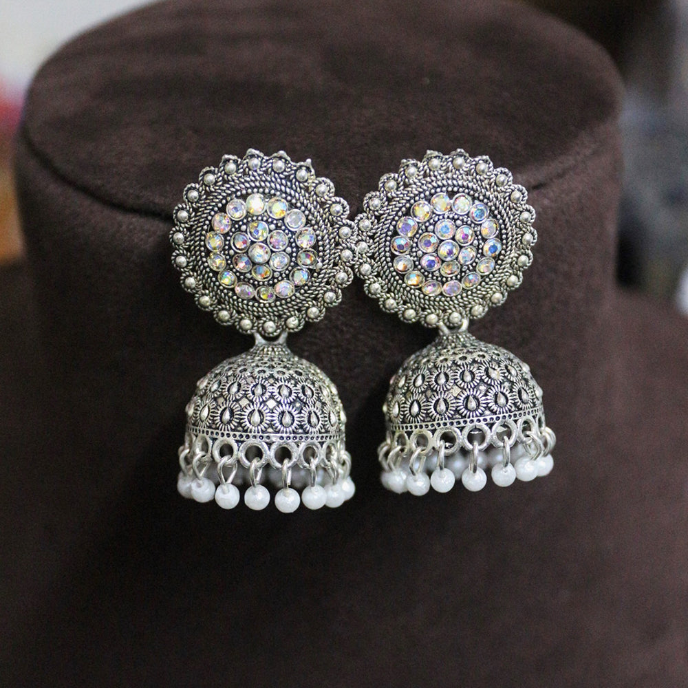 H K Fashion Oxidised Plated Crystal Stone And Pearls Jhumki Earrings