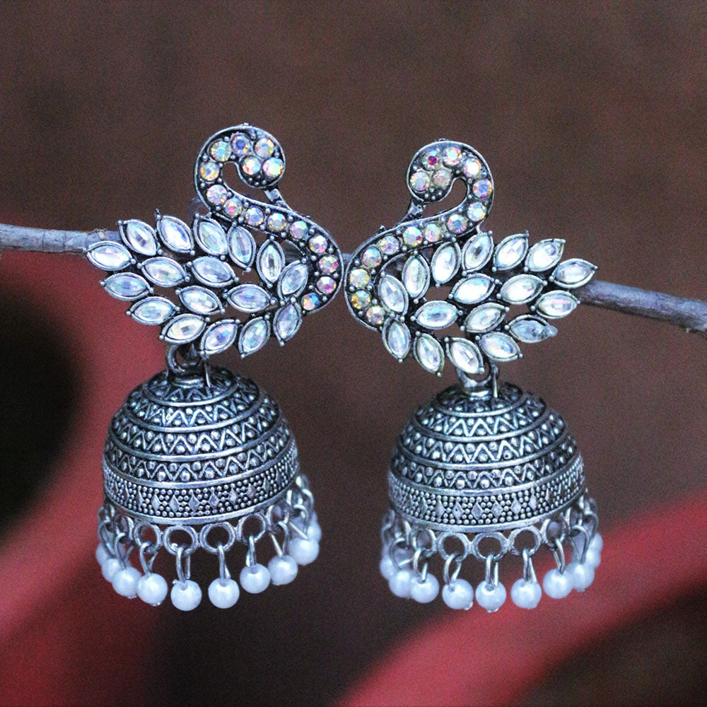 H K Fashion Oxidised Plated Crystal Stone And Pearls Jhumki Earrings