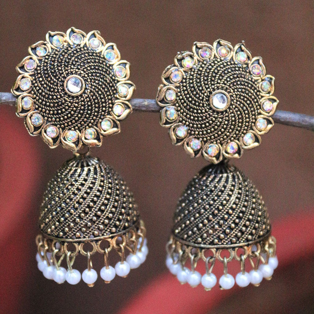 H K Fashion Gold Plated Austrian Stone And Pearls Jhumki Earrings