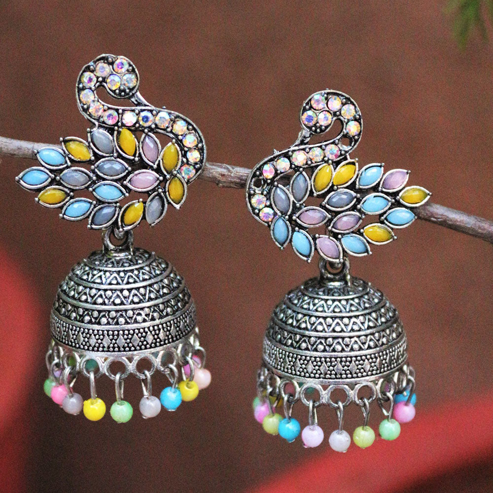 H K Fashion Oxidised Plated Crystal Stone And Pearls Jhumki Earrings