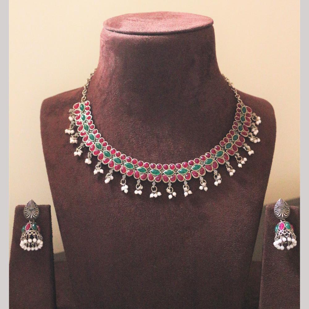 H K Fashion Oxidised Plated Pota Stone Necklace Set