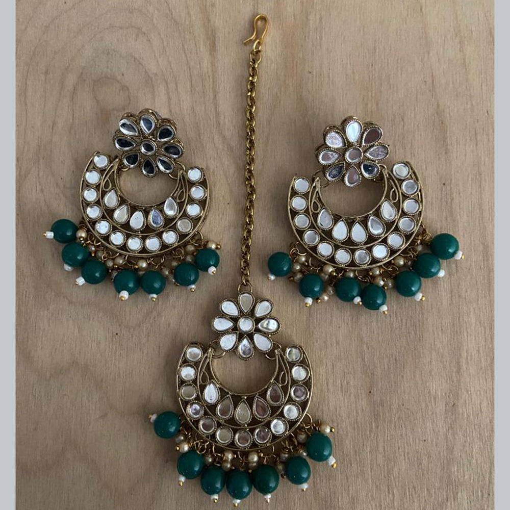 India Art Gold Plated Mirror Earrings With Mangtikka