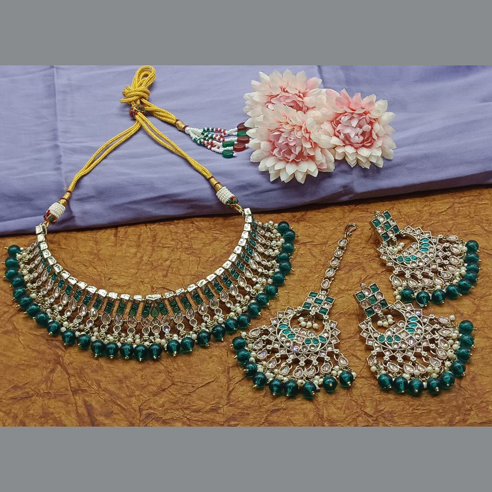 India Art Gold Plated Crystal Stone And Beads Choker Necklace Set