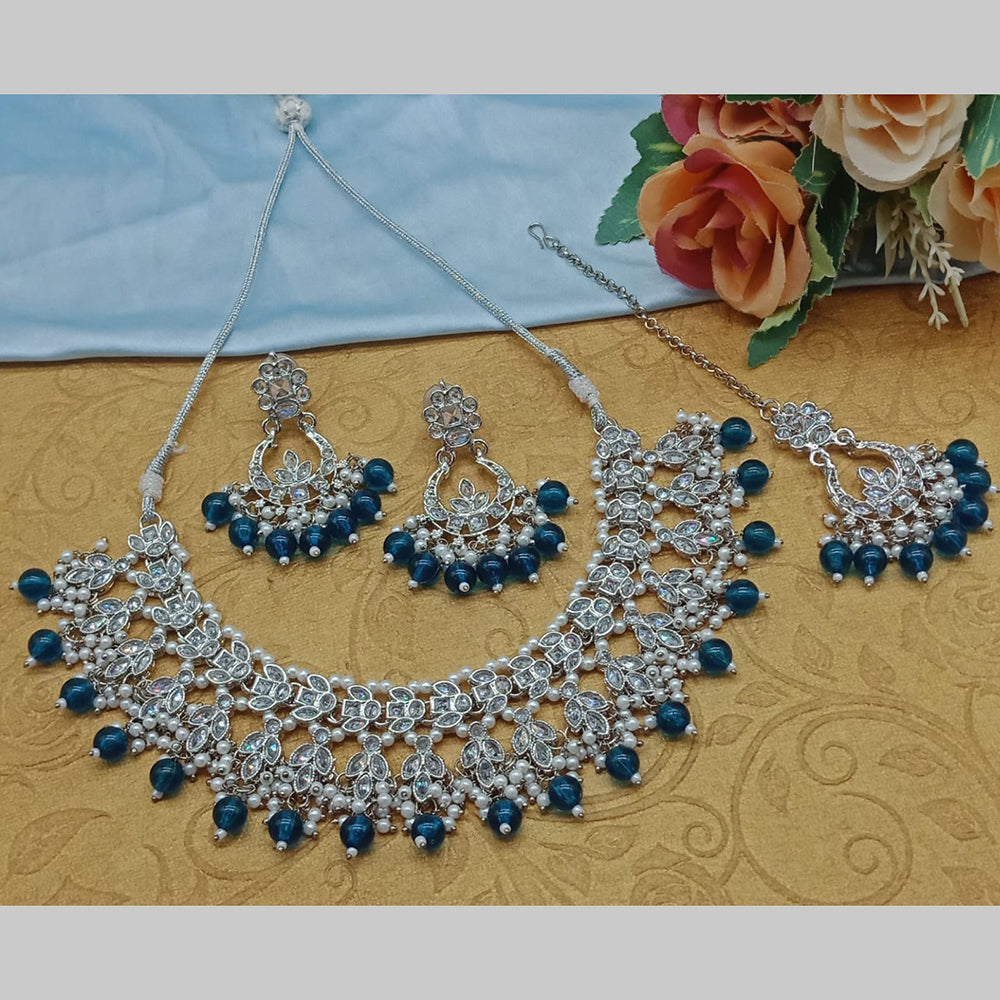 India Art Silver Plated Crystal Stone And Pearls Necklace Set