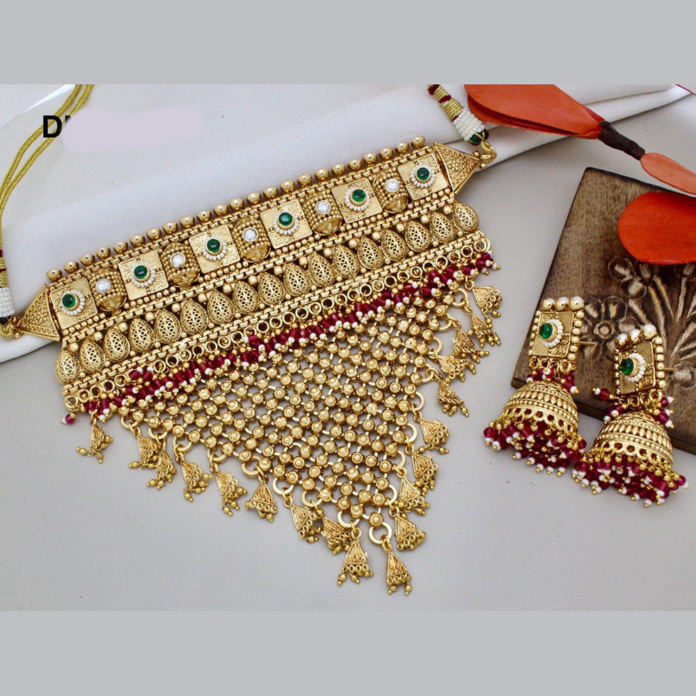 India Art Gold Plated Pota Stone And Beads Choker Necklace Set