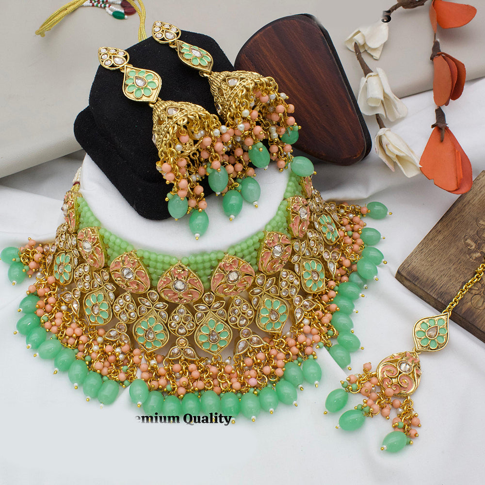 India Art Gold Plated Kundan Stone And Beads Meenakari Choker Necklace Set