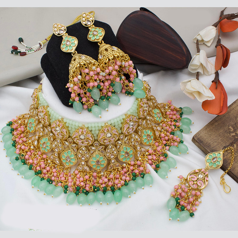 India Art Gold Plated Kundan Stone And Beads Meenakari Choker Necklace Set
