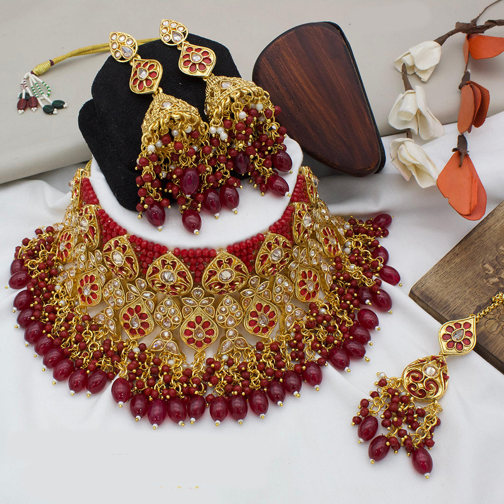 India Art Gold Plated Kundan Stone And Beads Meenakari Choker Necklace Set