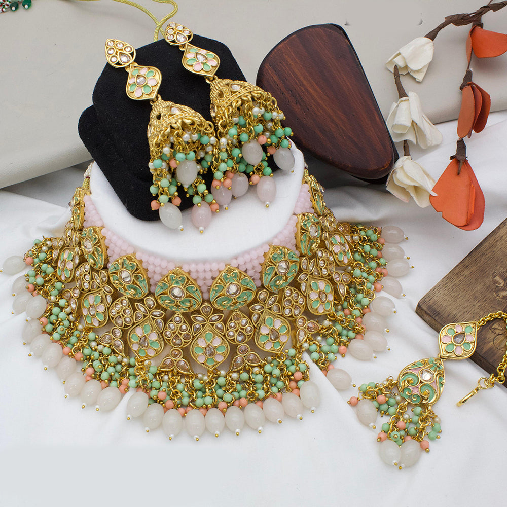 India Art Gold Plated Kundan Stone And Beads Meenakari Choker Necklace Set