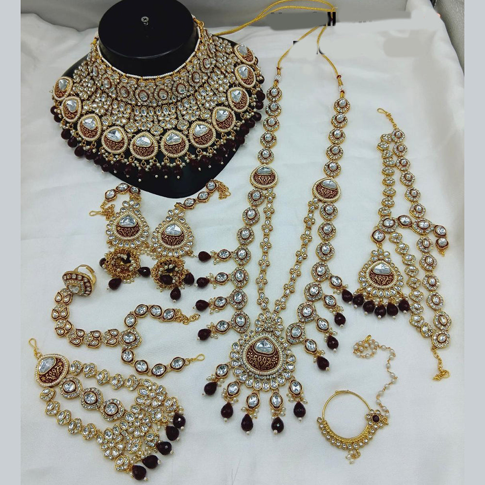 India Art Gold Plated Kundan Stone And Beads Meenakari Bridal Set
