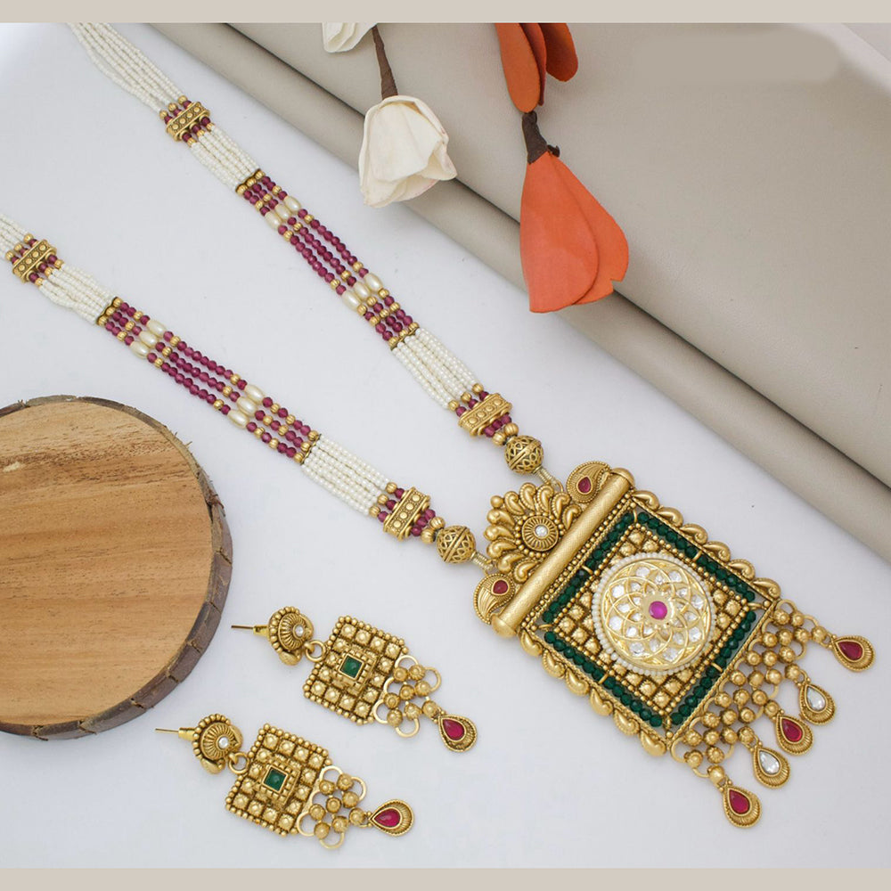 India Art Gold Plated Pota Stone And Pearl Necklace Set