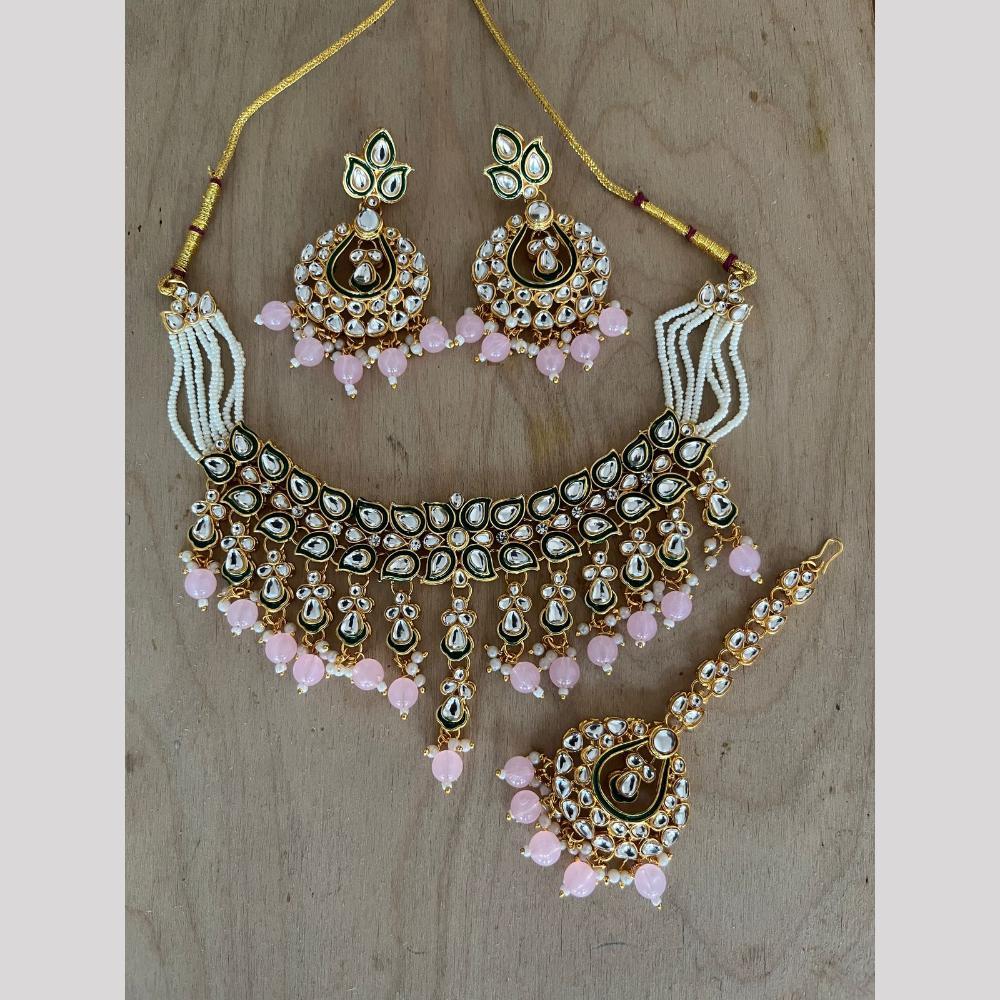 India Art Gold Plated Kundan Stone And Beads Meenakari Choker Necklace Set