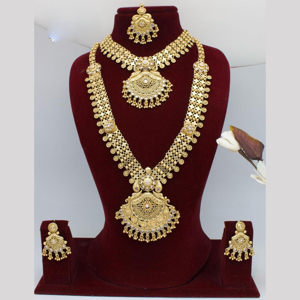 India Art Gold Plated Pota Stone And Pearls Double Necklace Set