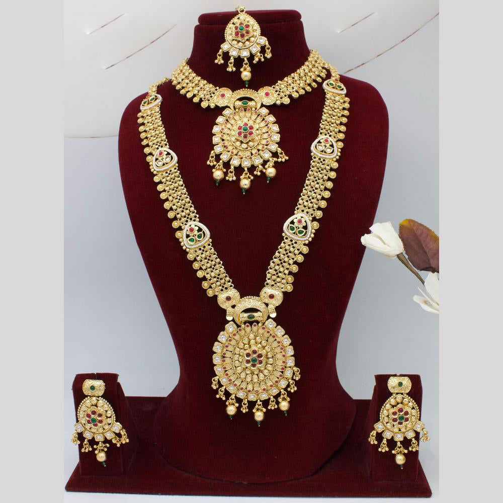 India Art Gold Plated Pota Stone And Pearls Double Necklace Set