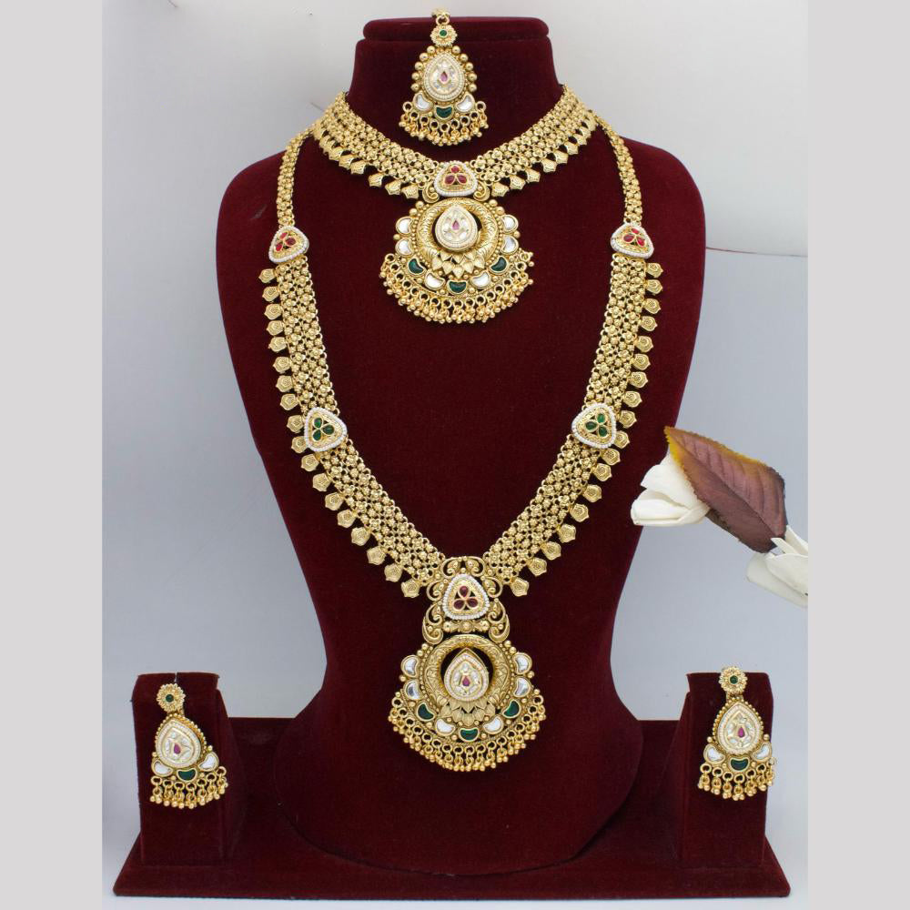 India Art Gold Plated Pota Stone And Pearls Double Necklace Set