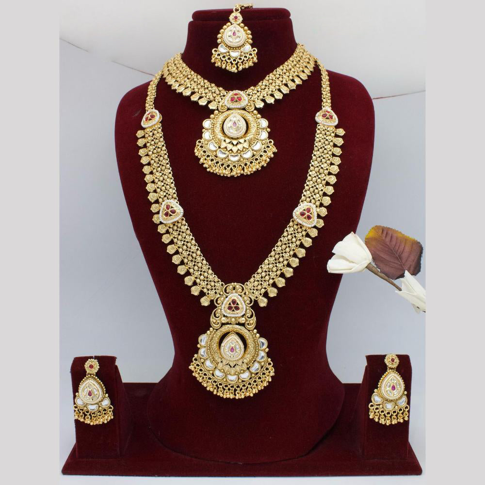 India Art Gold Plated Pota Stone And Pearls Double Necklace Set