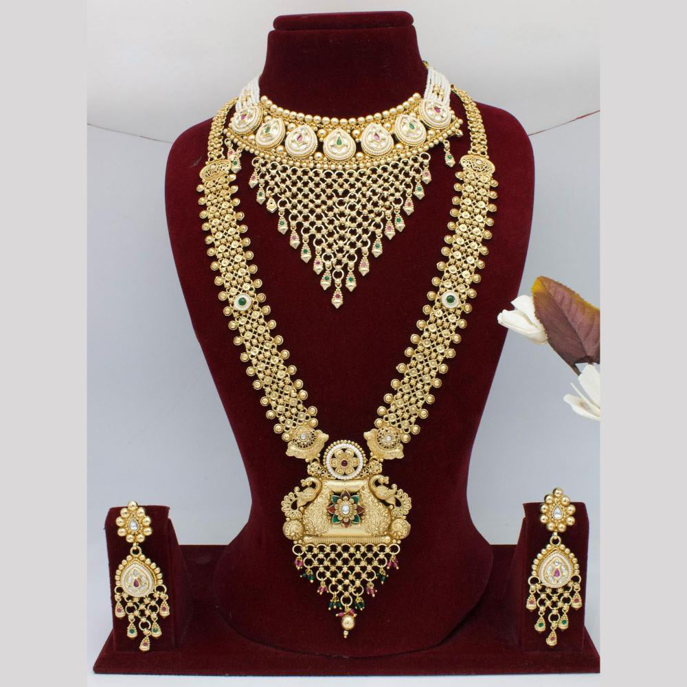 India Art Gold Plated Pota Stone And Pearls Double Necklace Set