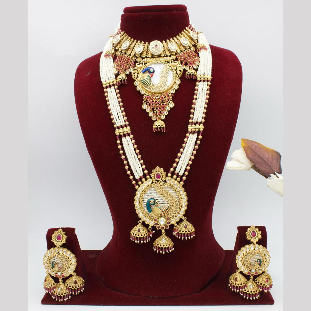 India Art Gold Plated Pota Stone And Pearls Double Necklace Set