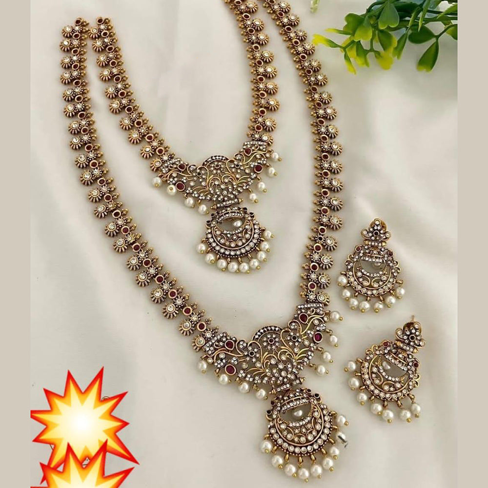 India Art Gold Plated Austrian Stone And Pearl Double Necklace Set