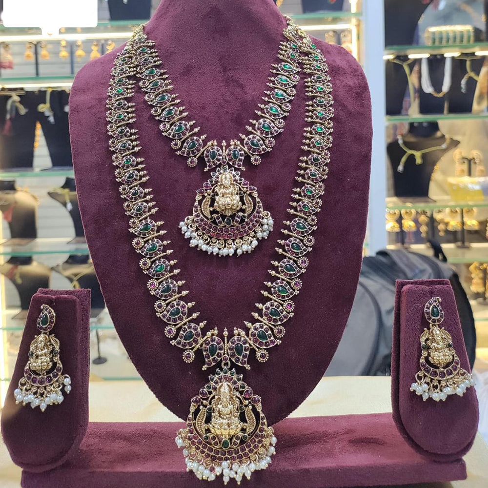 India Art Gold Plated Pota Stone And Pearl Temple Double Necklace Set