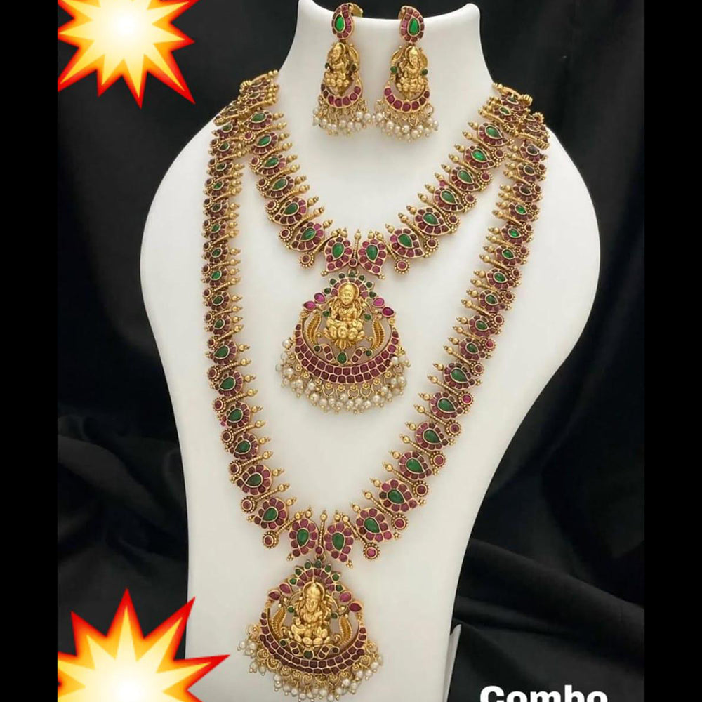 India Art Gold Plated Pota Stone And Pearl Temple Double Necklace Set