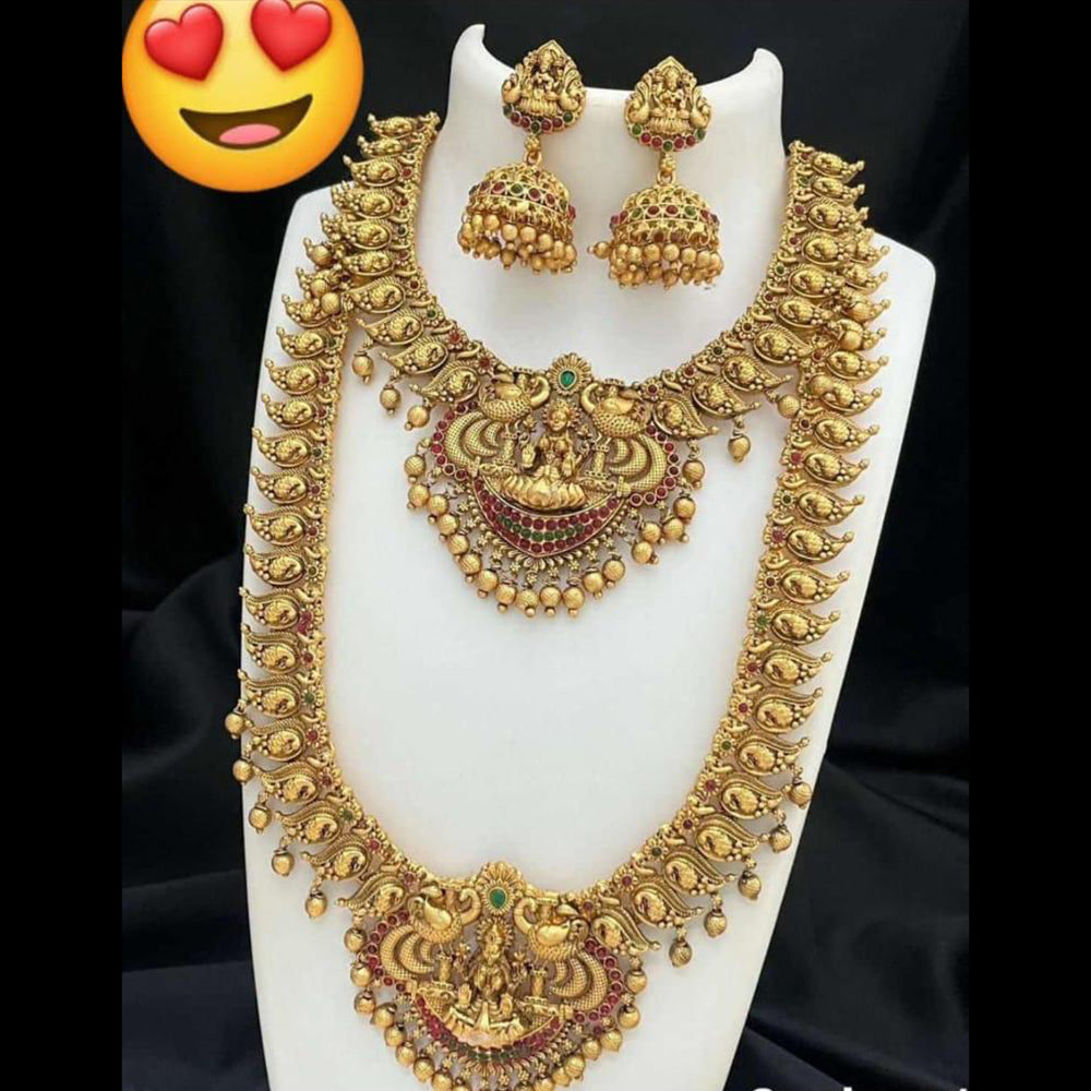 India Art Gold Plated Pota Stone And Pearl Temple Double Necklace Set