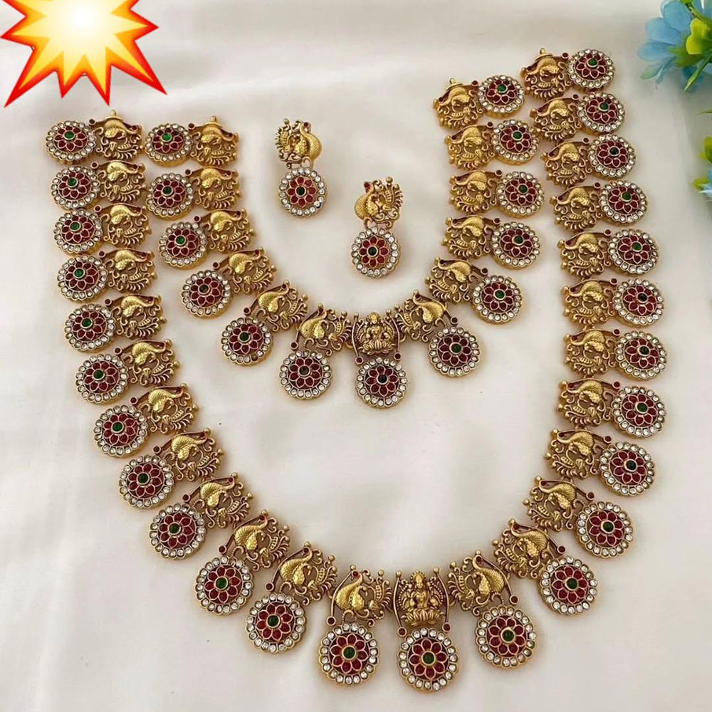 India Art Gold Plated Pota Stone And Pearl Temple Double Necklace Set