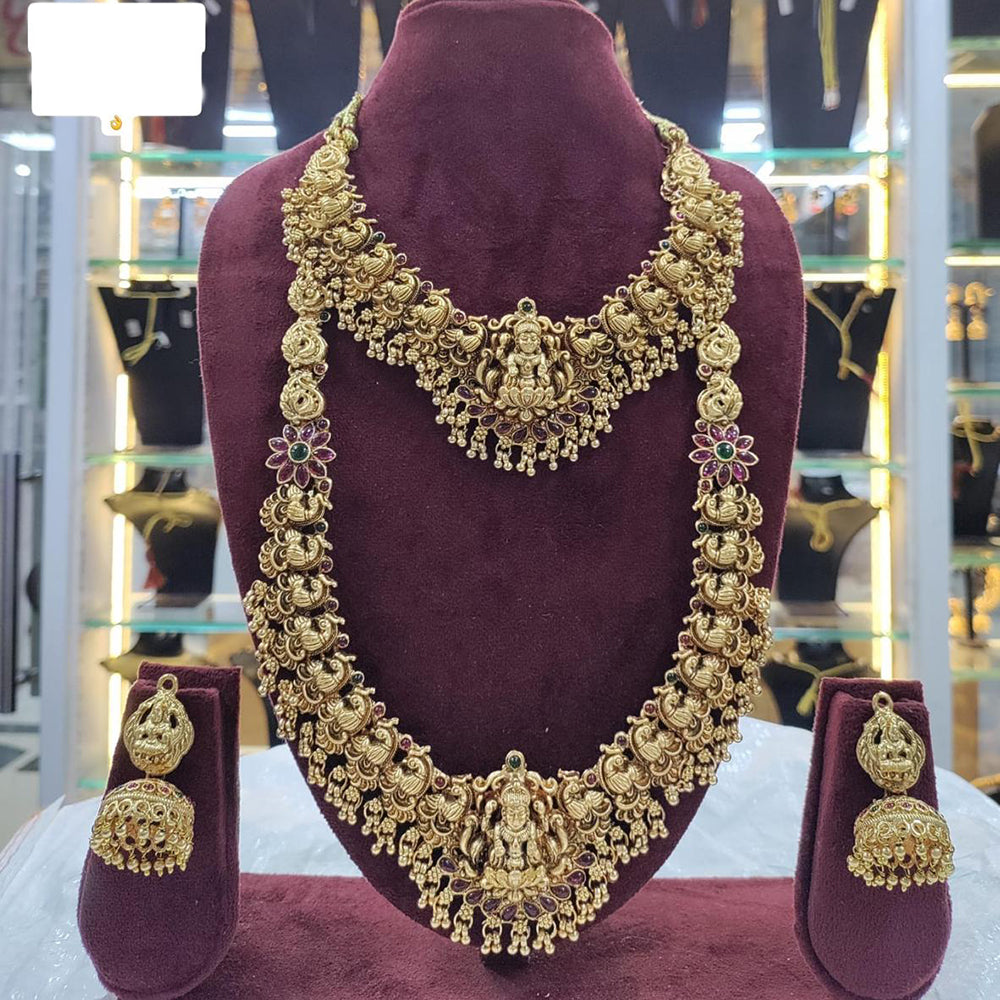 India Art Gold Plated Pota Stone And Pearl Temple Double Necklace Set