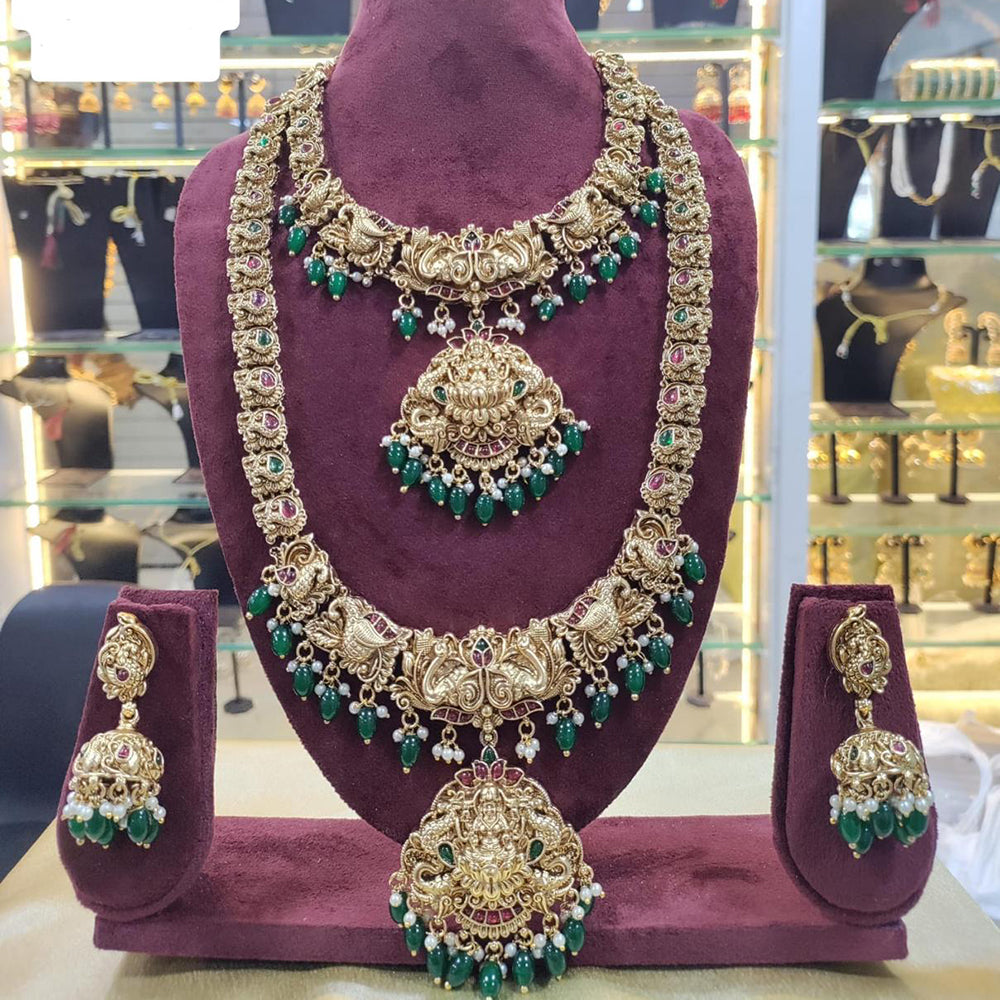 India Art Gold Plated Pota Stone And Pearl Temple Double Necklace Set