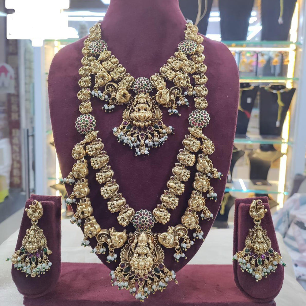 India Art Gold Plated Pota Stone And Pearl Temple Double Necklace Set