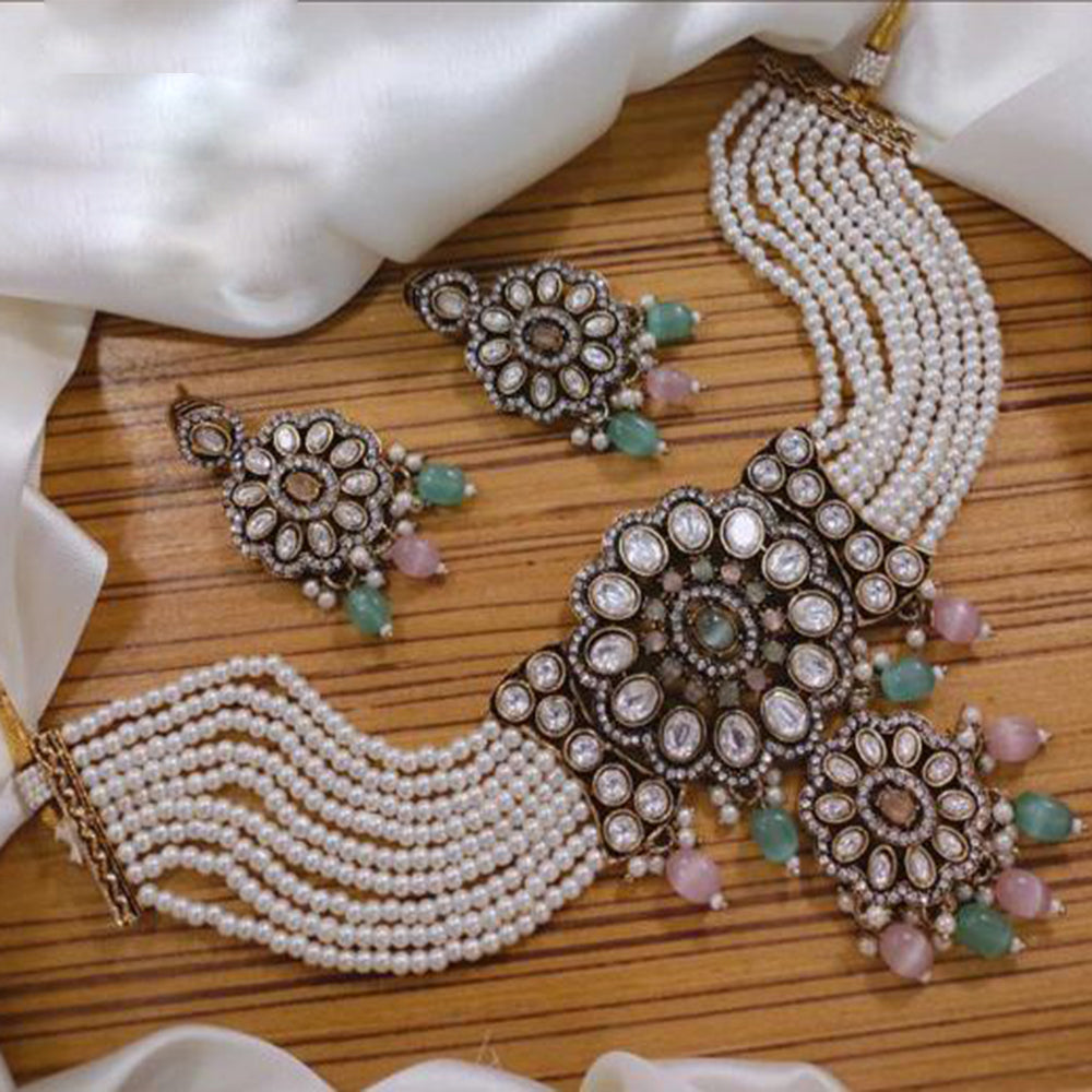 India Art Gold Plated Kundan And Pearl Choker Necklace Set