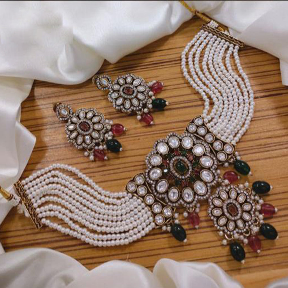 India Art Gold Plated Kundan And Pearl Choker Necklace Set