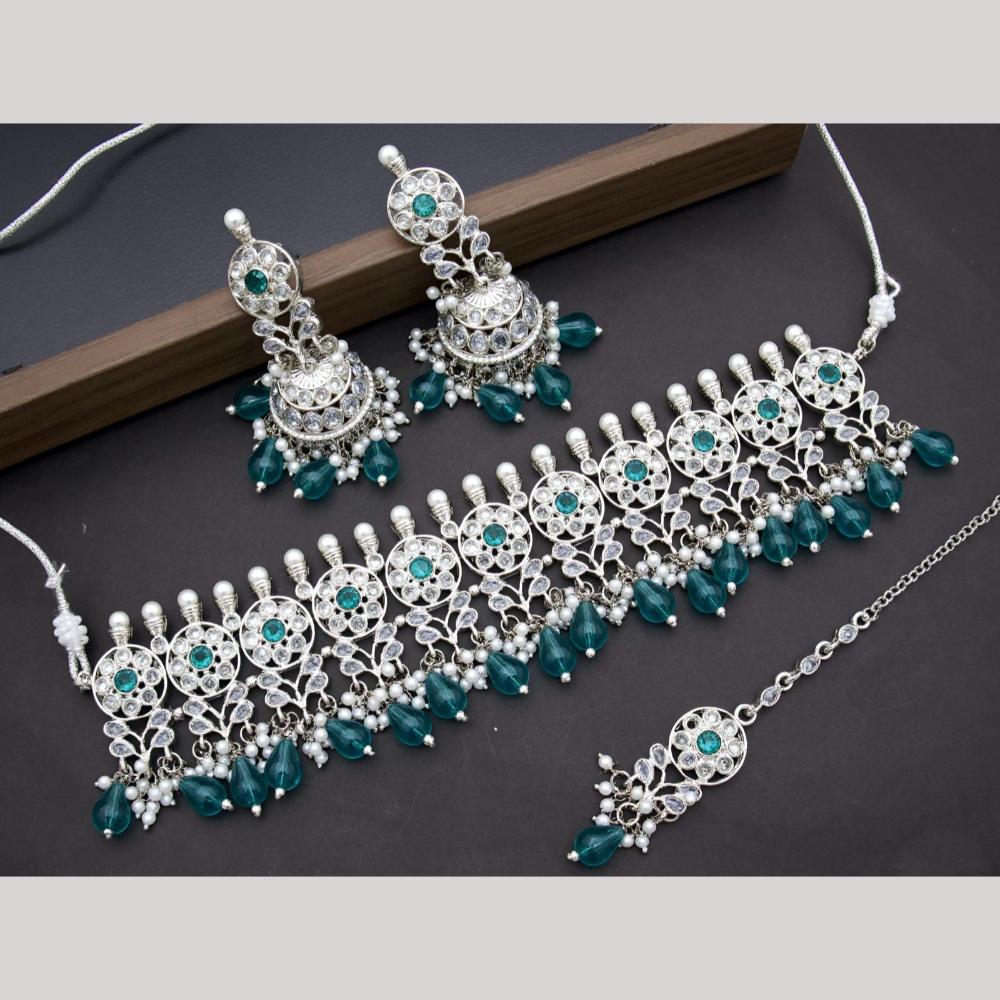 India Art Silver Plated Crystal Stone Beads And Pearl Choker Necklace Set