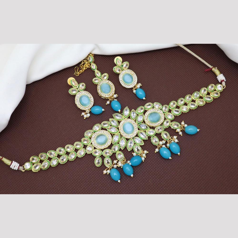 India Art Gold Plated Crystal Stone And Pearl Choker Necklace Set