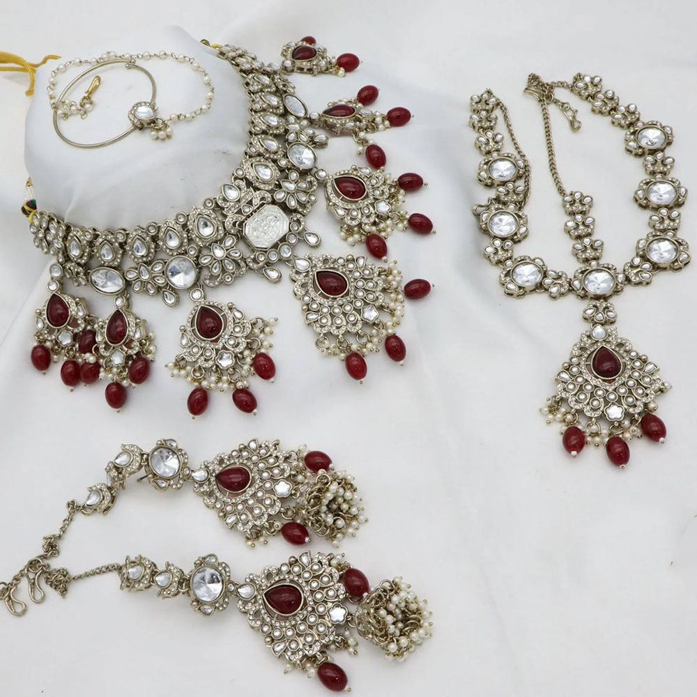 India Art Royal Pearl Kundan Stone Pearl And Beads Semi Bridal Necklace Set