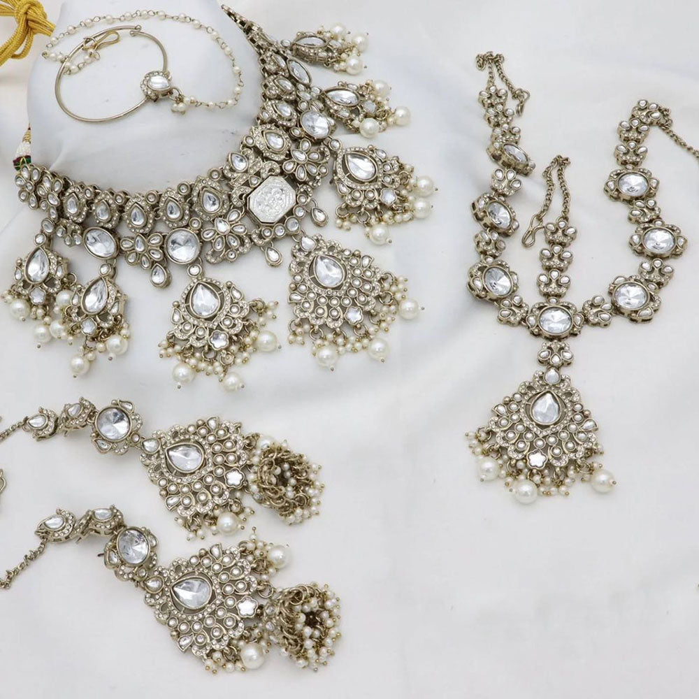 India Art Royal Pearl Kundan Stone Pearl And Beads Semi Bridal Necklace Set