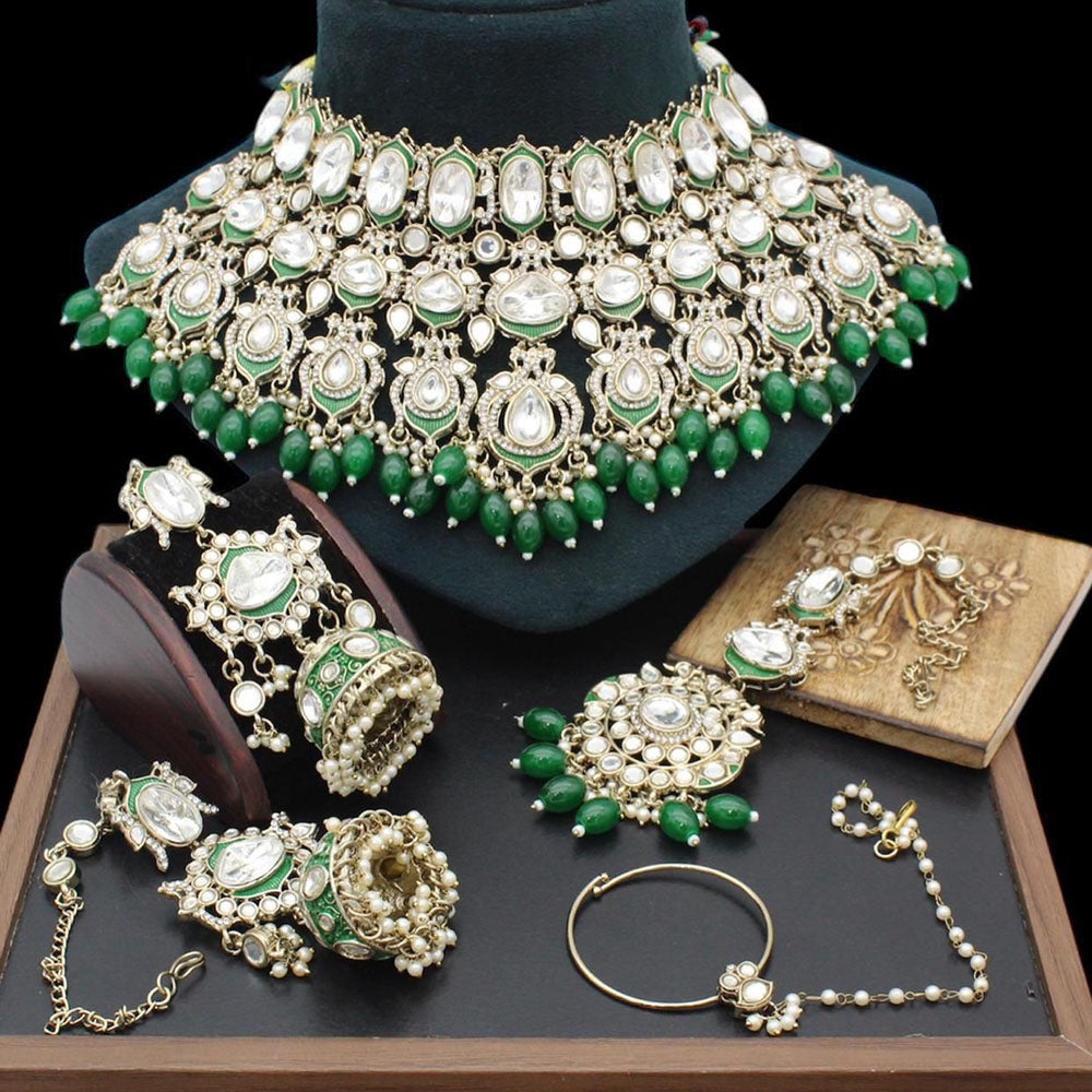 India Art Royal Pearl Kundan Stone Pearl And Beads Semi Bridal Necklace Set