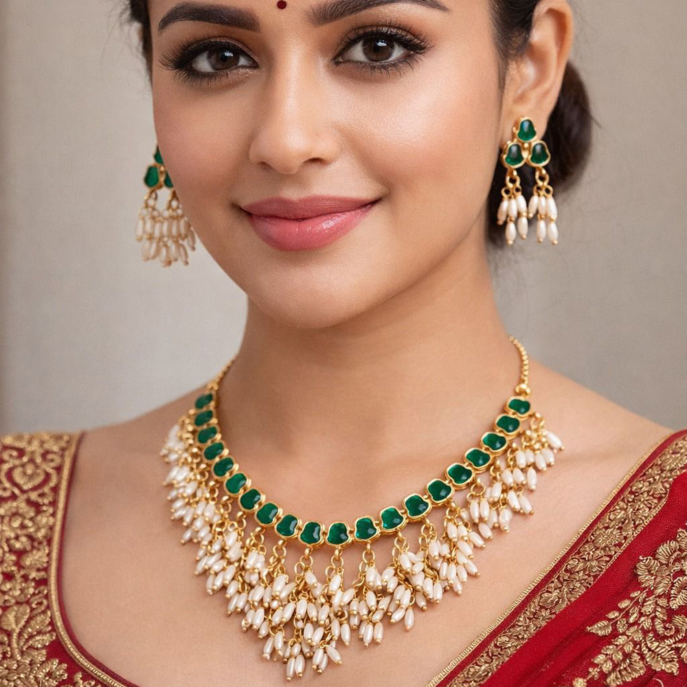 Kavita Art Premium Pota Stone And Pearl Necklace Set