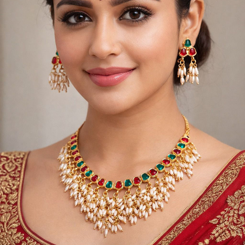 India Art Premium Pota Stone And Pearl Necklace Set