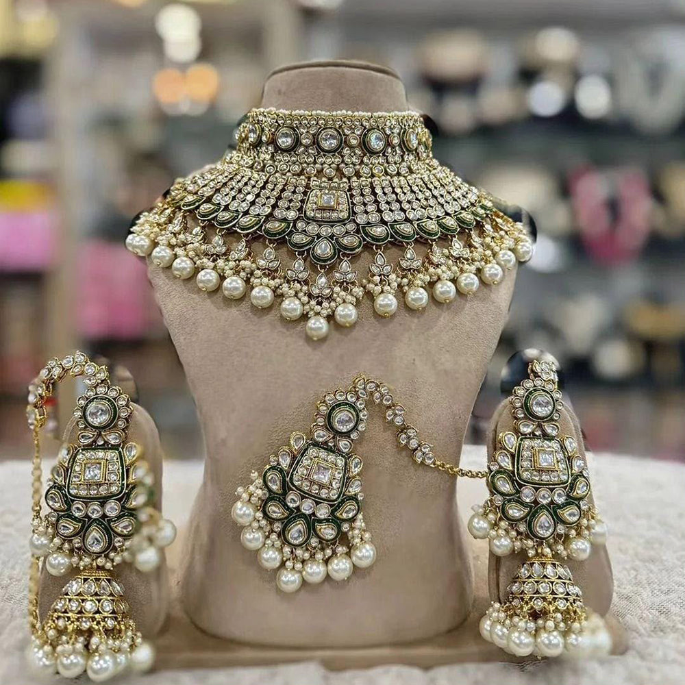 India Art Classic Kundan Stone And Pearl Meenakari Choker Necklace Set for Women