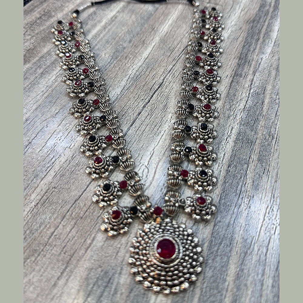 Pooja Bangles Oxidised Plated Pota Stone Long Necklace Set