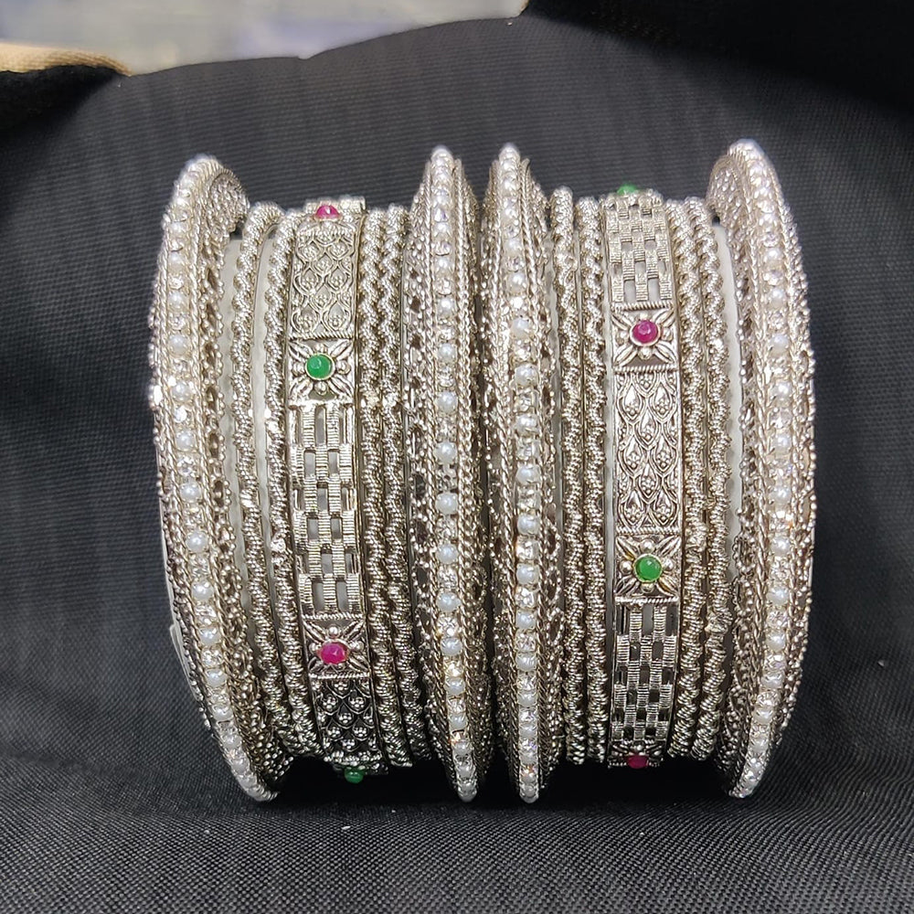 Pooja Bangles Silver Plated Pota Stone And Pearl Bangles Set