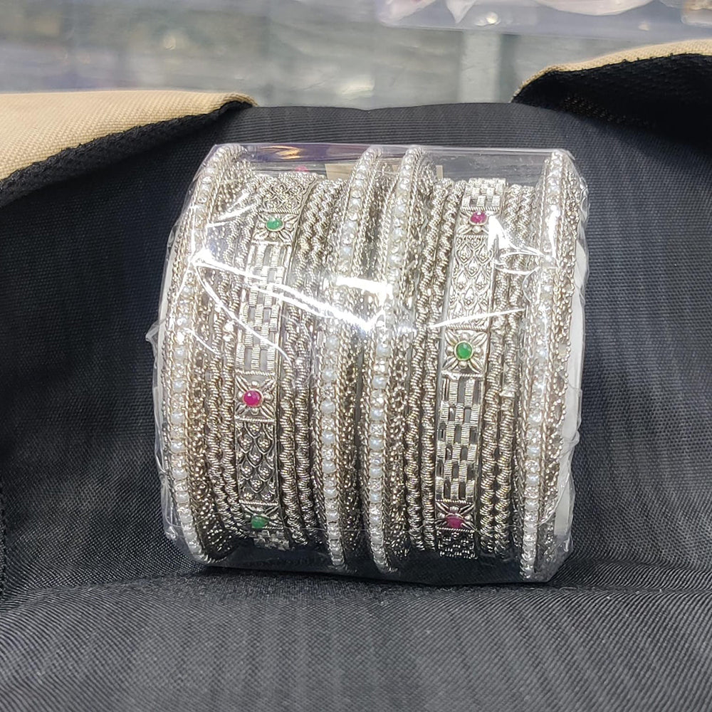 Pooja Bangles Silver Plated Pota Stone And Pearl Bangles Set