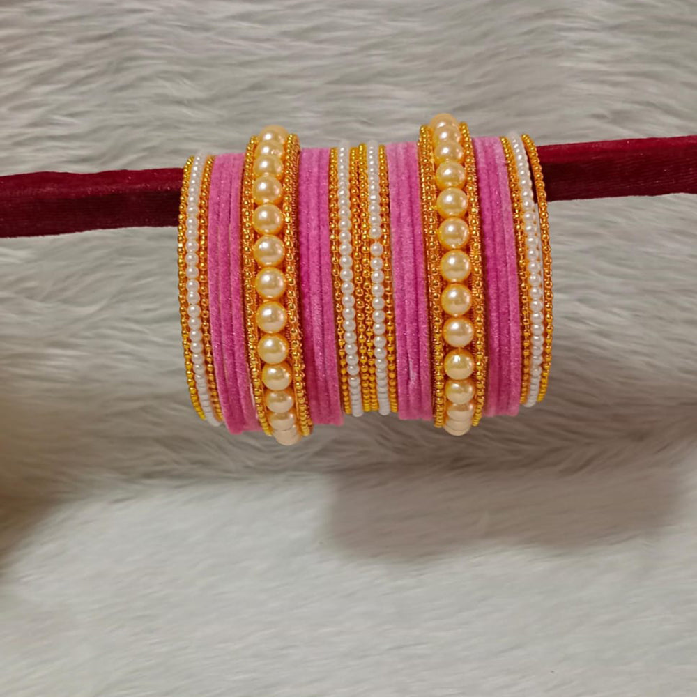 Pooja Bangles Gold Plated Velvet And Pearl Bangle Set