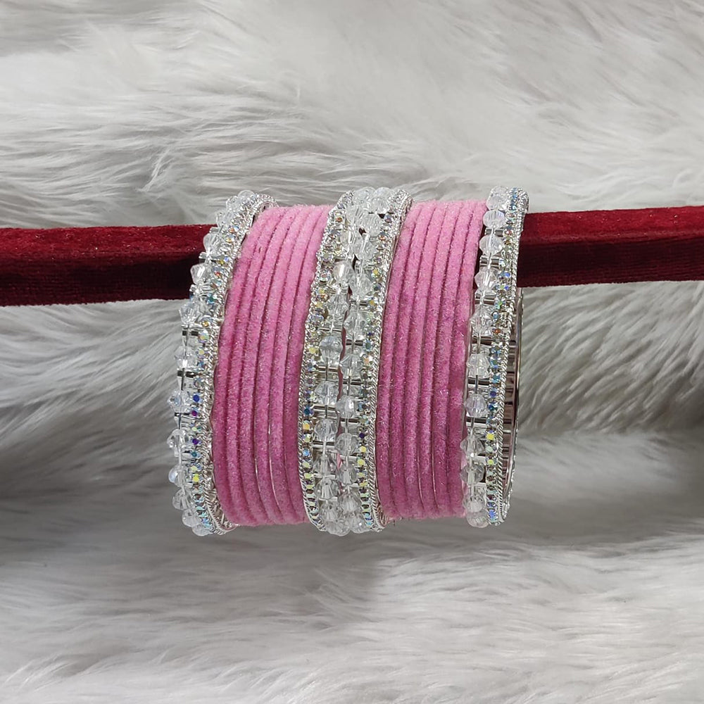Pooja Bangles Sliver Plated Austrian Stone And Velvet Bangles Set