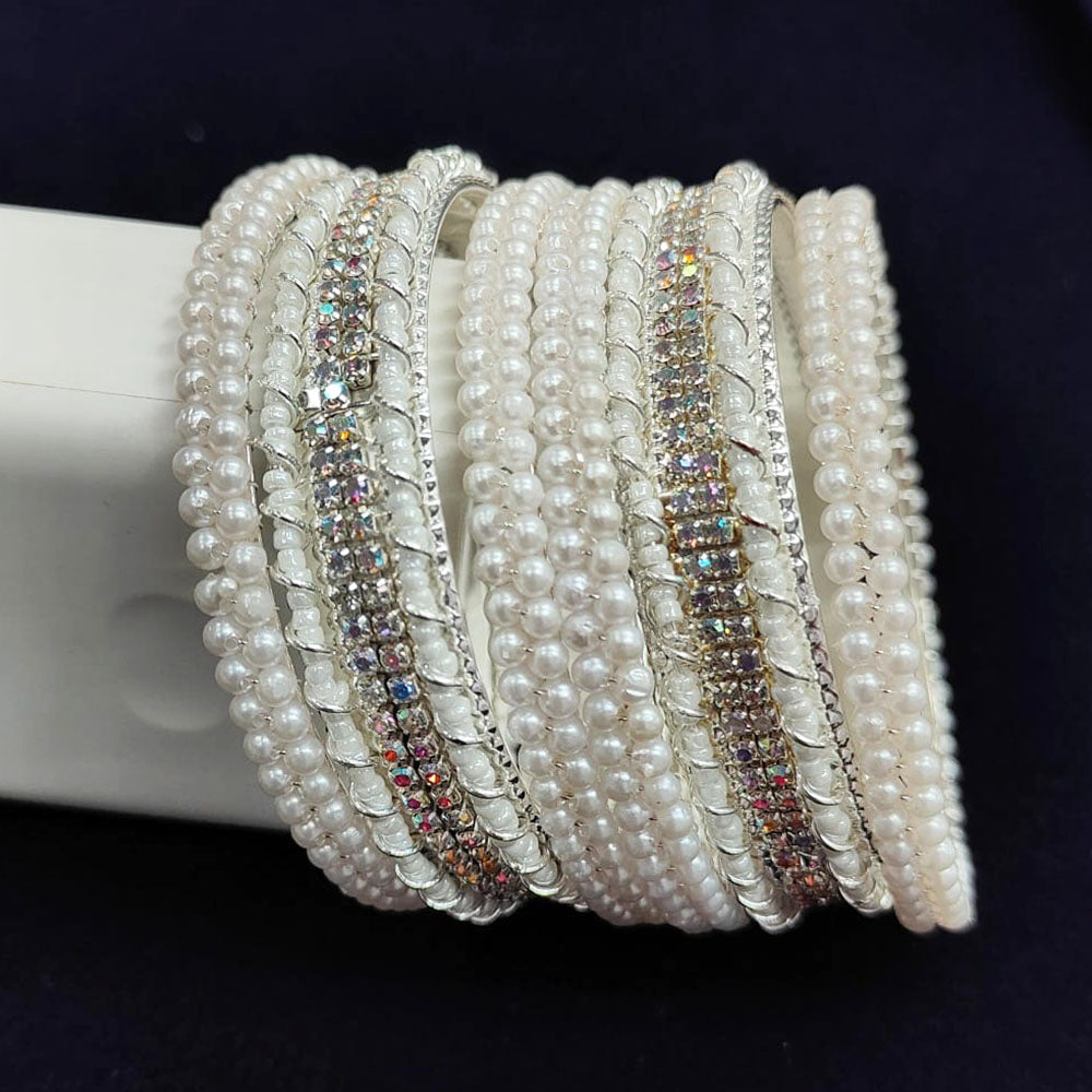 Pooja Bangles Silver Plated Austrian Stone And Pearl Bangle Set