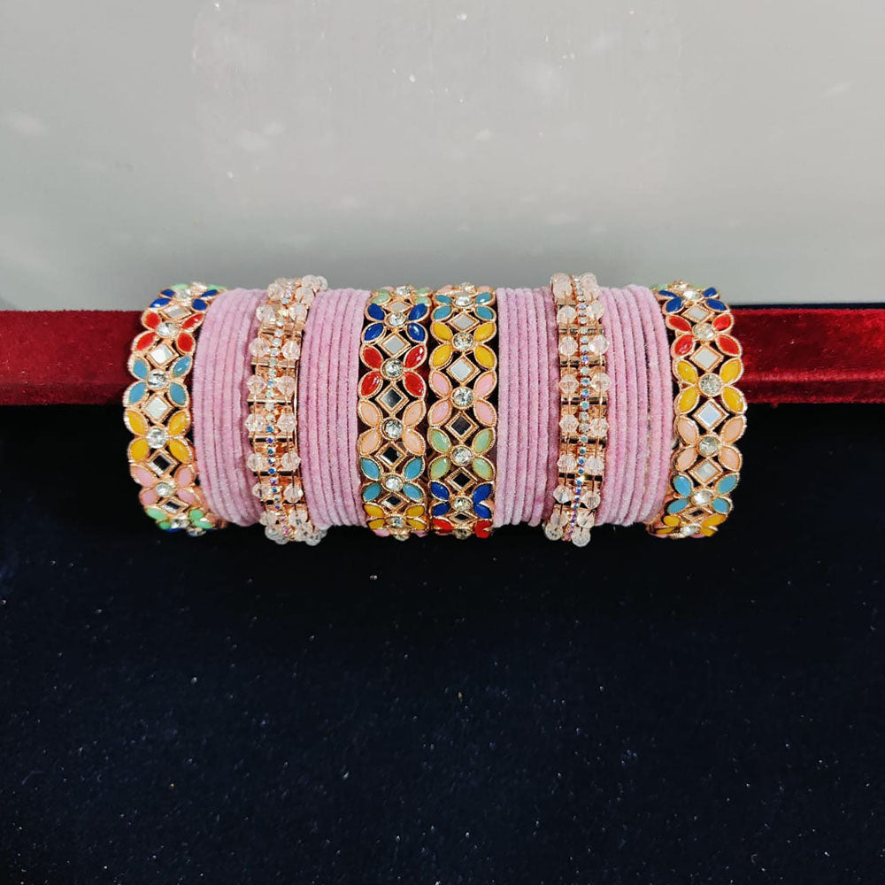 Pooja Bangles Rose Gold Plated Crystal Stone And Mirror Velvet Bangles Set