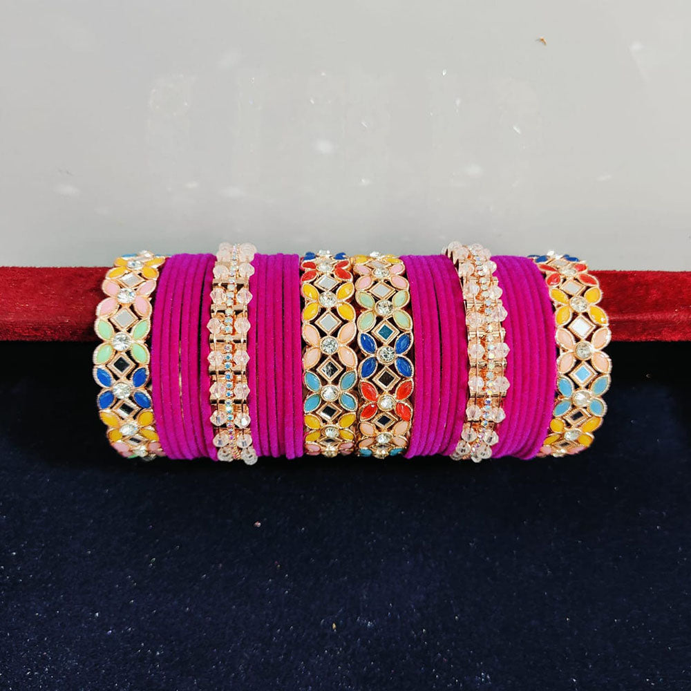 Pooja Bangles Rose Gold Plated Crystal Stone And Mirror Velvet Bangles Set