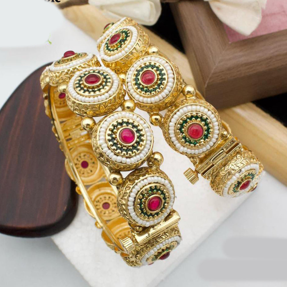 Pooja Bangles Gold Plated Pota Stone And Pearls Openable Bangles Set
