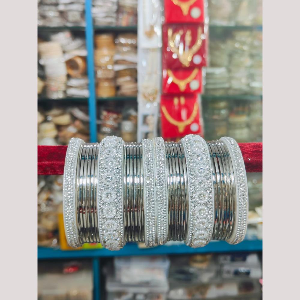 Pooja Bangles Silver Plated Austrian Stone And Pearl Bangles Set